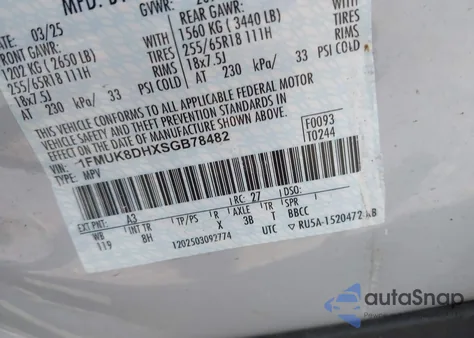 2025 Ford Explorer Active из США, поврежденный, VIN 1FMUK8DHXSGB78482